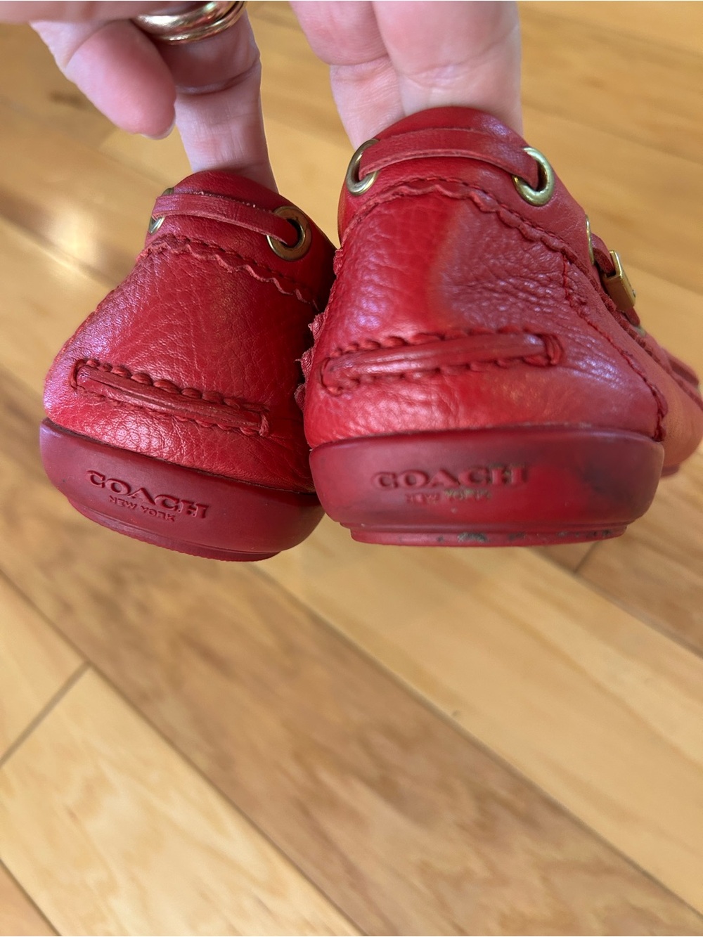 Coach Red Leather Tassel Driving Loafers - Picture 10 of 14